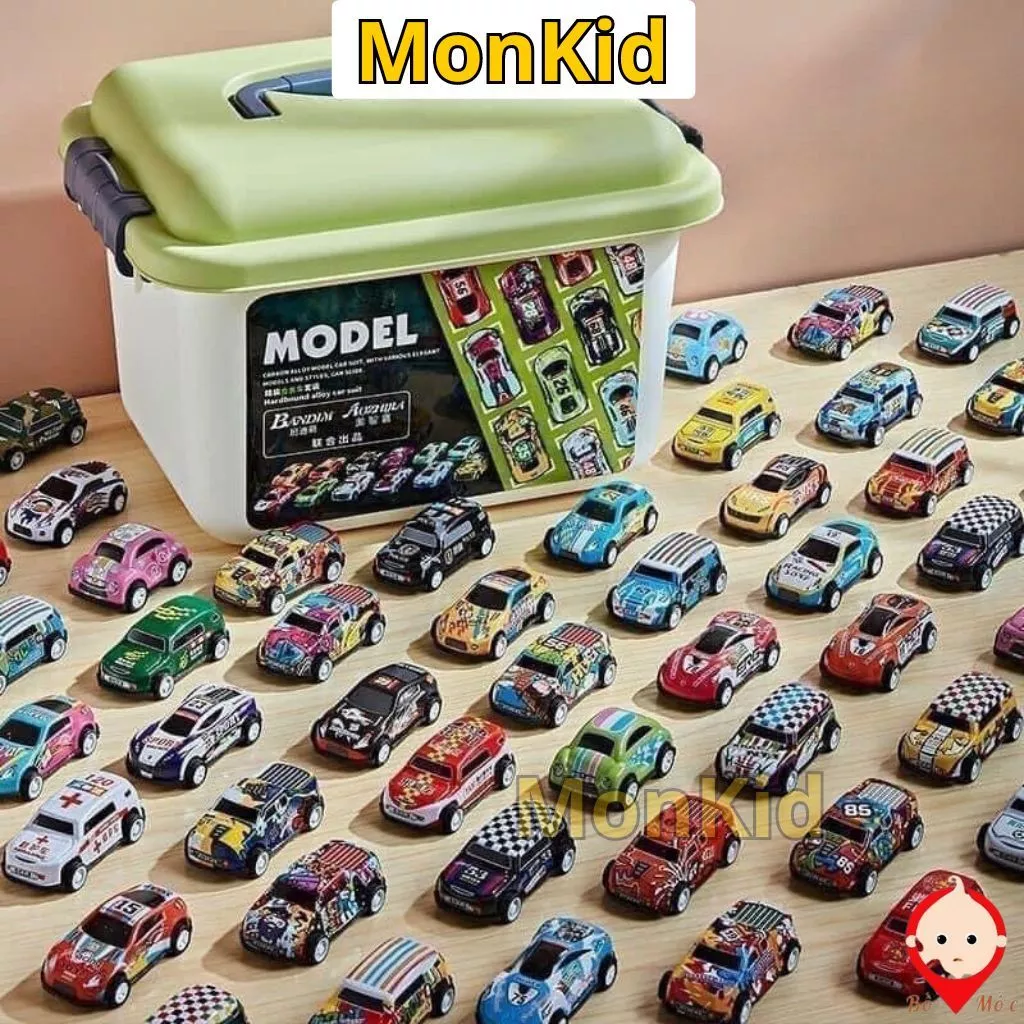 Set Ô Tô Đồ Chơi Thùng 30 Ô Tô Cót Mini Monkid Hộp 30 Xe Đua Chạy Đà Quà Tặng Bé Trai Phát Triển trí Tuệ