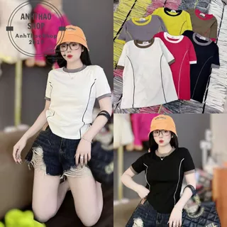 Áo thun nữ ôm body phom babytee cổ tròn tay ngắn chạy sọc thân. Áo thun nữ borip dáng ôm body phối nẹp thân AH Design