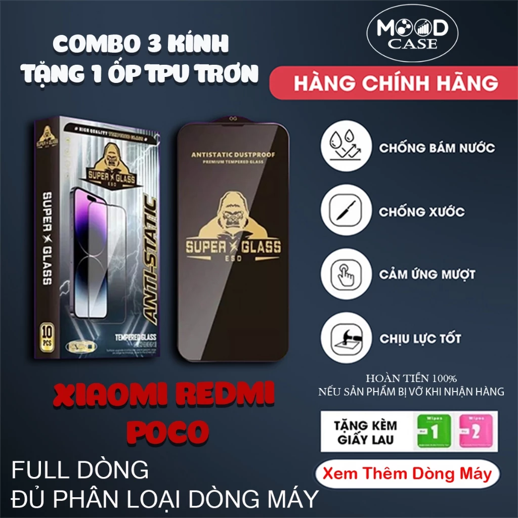 Kính cường lực Redmi Note 12 Pro, Note 12 turbo,12r, 12s, 12T 5G 4G Kingkong full màn | Miếng dán bảo vệ màn hình Xiaomi