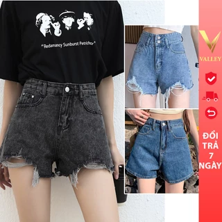 Quần Short Jeans Bò rách nữ Cạp Cao Ống Rộng Avocado chất jean, Quần Bò ngắn lưng cao Nữ Rách Nhẹ cạp cao 2 cúc