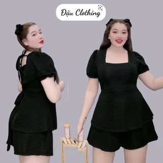 Đồ bộ Bigsize nữ áo tay phồng dáng xòe kèm quần đùi chữ A vải thun xốp dễ thương cho Chubby SET52