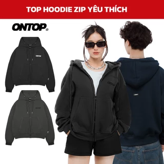 Áo hoodie zip boxy ONTOP nam nữ vải nỉ bông màu xám, đen trơn Boxy Zip-Up Hoodie | O25-AK1