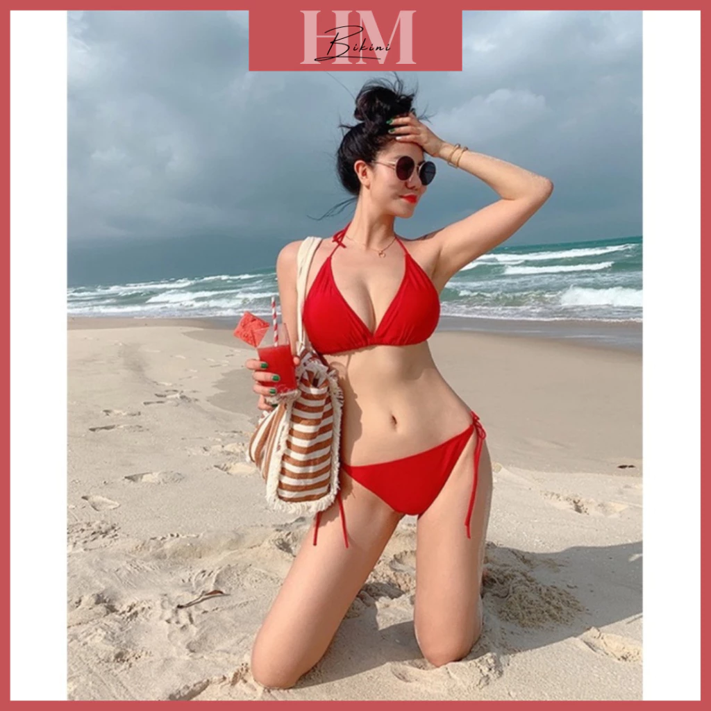 Bikini đồ bơi tam giác hai mảnh màu đỏ tươi trắng da