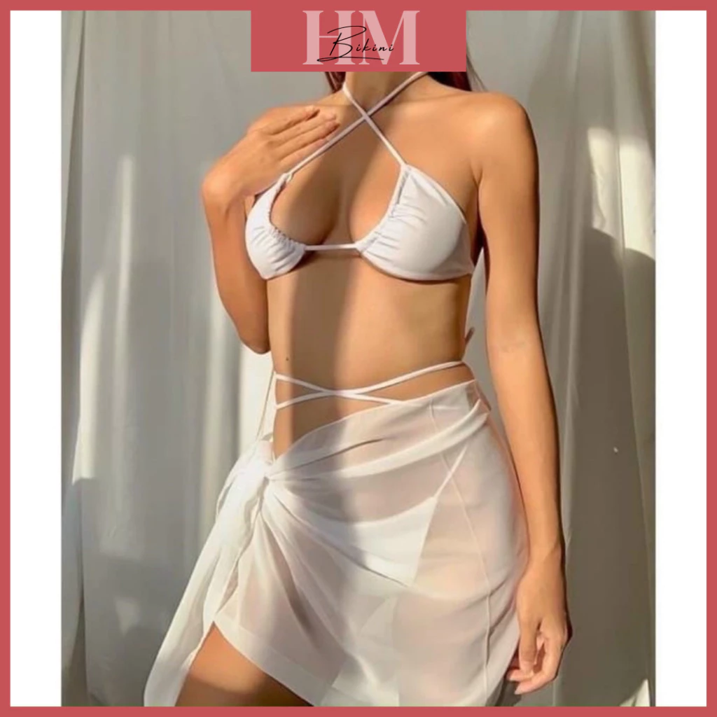 Bikini,Set 3 món tam giác mặc được hai kiểu kèm khăn voan
