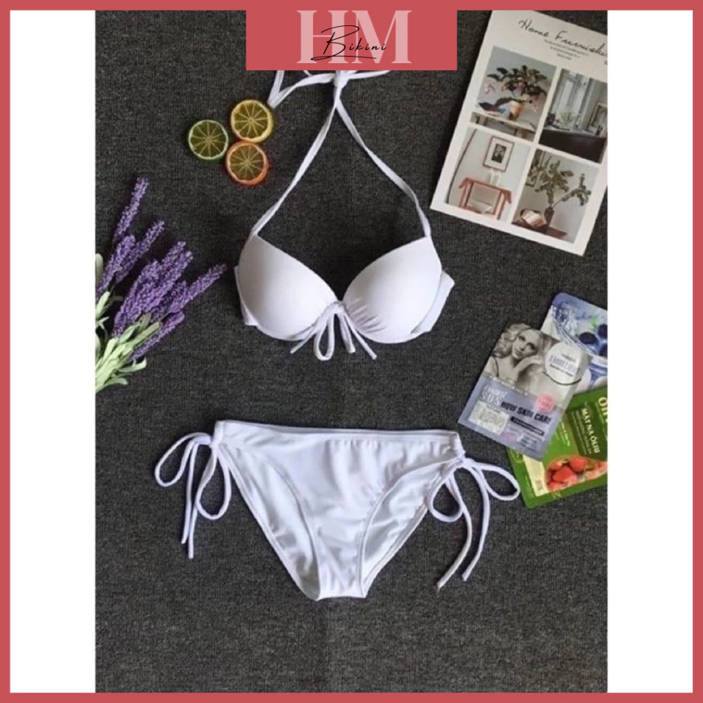 Bikini đồ bơi nữ basic gọng cột nơ màu trắng+ khăn quấn bikini che khuyết điểm