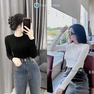 Áo CropTop Cổ Tròn Tay Dài Trơn