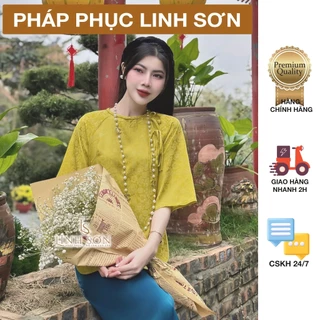 Pháp Phục, Đồ Lam đi chùa, lụa gấm, cổ tết có nơ lịch sự sang trọng áo Vàng cốm quần Xanh dương - Pháp Phục Linh Sơn