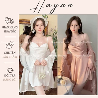 HT403 Set váy ngủ và áo choàng lụa sexy cổ đổ kèm ĐỆM LÓT dáng xoè tôn dáng sang chảnh HT403 (13+202)