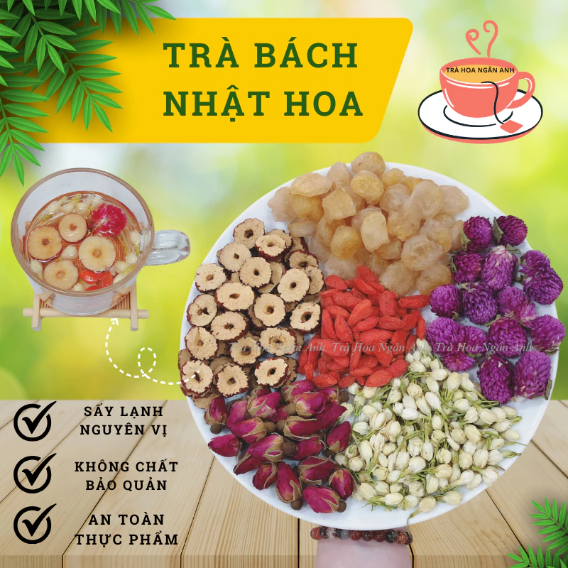 Trà bách nhật hoa 6 vị, đẹp da, giải nhiệt (nụ hồng,long nhãn, táo lát, hoa bách nhật, kỷ tử, hoa nhài)Trà Hoa Ngân Anh