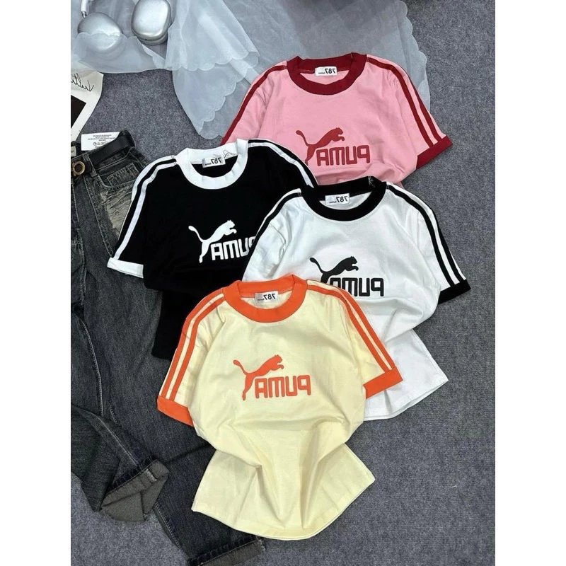 Áo thun babytee dáng ôm nữ phối sọc tay bo chữ nổi ( Mã PUM 4 màu )