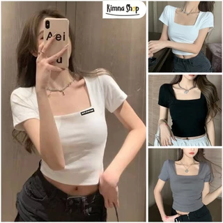 Áo Croptop Ngắn Tay Cổ Vuông Xinh Xắn Chất Thun Trơn Bozip