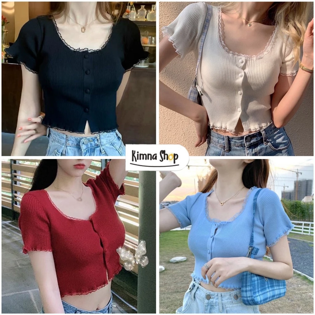 Áo Croptop Tay Ngắn Cổ U Viền Ren Phối Cúc