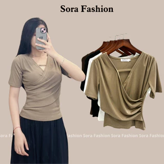 Áo Kiểu Nữ BigSize Ngắn Tay Vạt Chéo Sora Fashion,Áo Thun Kiểu Nữ BigSize Cộc Tay Vạt Eo Chất Liệu Thun Tăm 131