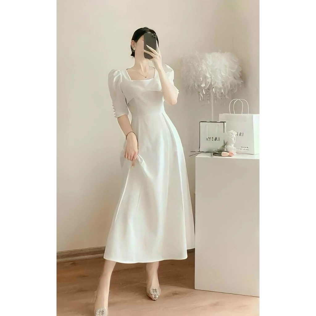 Đầm Trắng Dực Tiệc, Váy Trắng Dự Tiệc, Thời Trang Nữ Tiểu Thư Vải Cotton Thiết Kế Tay Đính Ngọc CR24