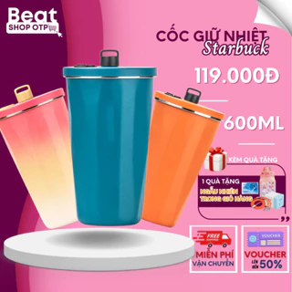 Cốc Giữ Nhiệt Starbuck 600ml Inox Cao Cấp Không Gỉ, Ly Giữ Nhiệt Cao Cấp Logo STB Kèm Ống Hút Có Núm Đậy Tiện Lợi