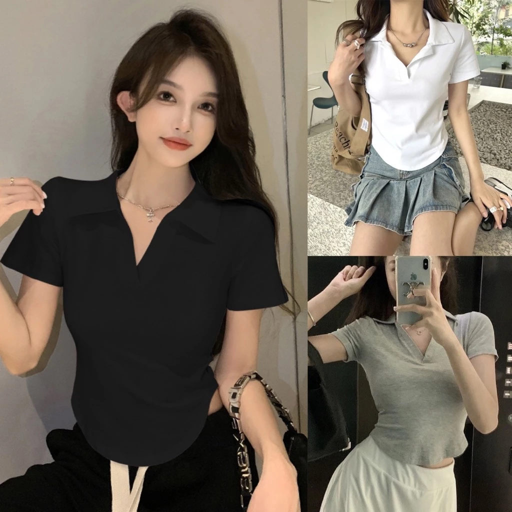 Áo Croptop Polo Cổ bẻ Bo Eo Vạt Bầu CAROLL Nữ [FREESHIP] - Thun tăm co giãn tay ngắn tôn giáng HOT TREND
