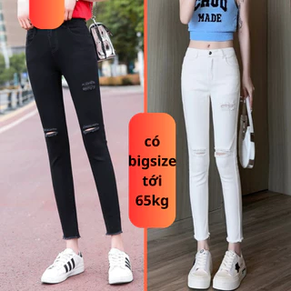 Quần Jean Trắng Nữ rách gối lưng cao co giãn, Quần Bò Đen skinny nữ rách đùi có BIGSIZE