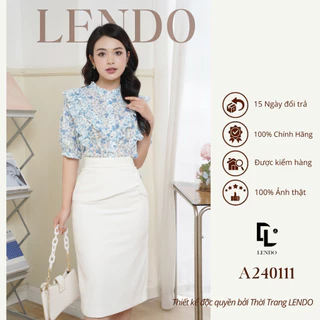 Áo Sơ Mi Công Sở LENDO Tơ Hoa Nhí Tay Lửng Dáng Suông Cổ Bèo A240111