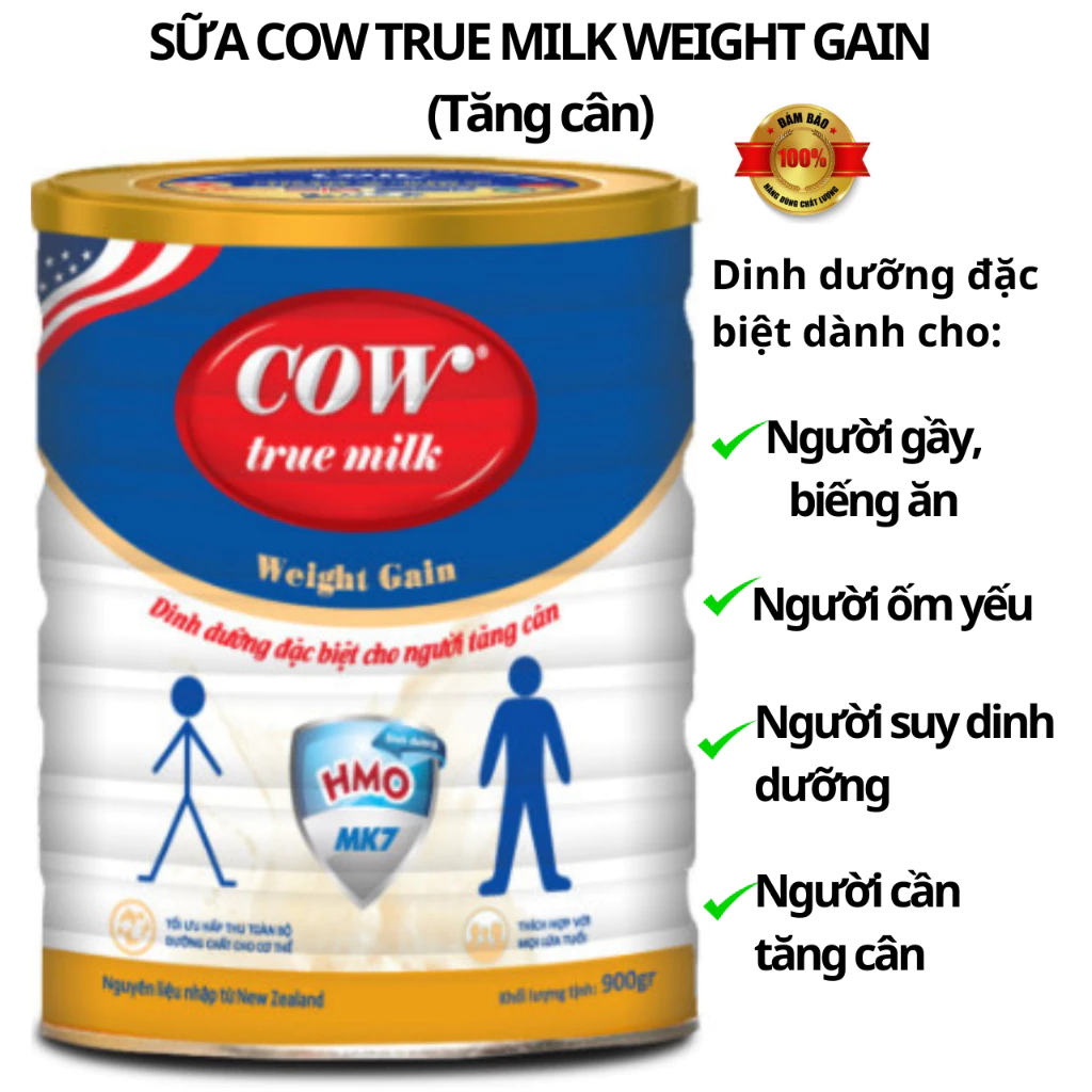 Sữa Cow True Milk Weight Gain 900G - Dinh Dưỡng Đặc Biệt Cho Người Gầy, Ốm Yếu, Suy Dinh Dưỡng, Người Cần Tăng Cân