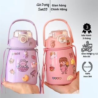 Bình nước giữ nhiệt cute có sticker và ống hút kiểu dáng dễ thương - Bình giữ nhiệt sticker 900ml cho bé inox 304 xịn