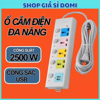 Ổ Cắm Điện USB Đa Năng Cao Cấp Chống Giật 2 Cổng Cắm USB Công Suất 2500W, Có Chốt An Toàn Dây 5m Tiện Dụng