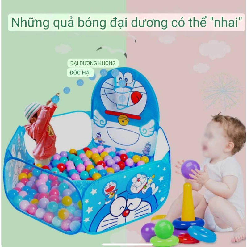 Combo 100 Quả Bóng Nhựa An Toàn Cho Bé - Đồ Chơi Vui Nhộn Kèm Quây Bóng Doraemon và Hello Kitty