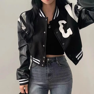 Áo khoác Bomber bóng chày form rộng dáng ngắn phối tay da PU cao cấp, Hustle Bomber Jacket Unisex Streetwear