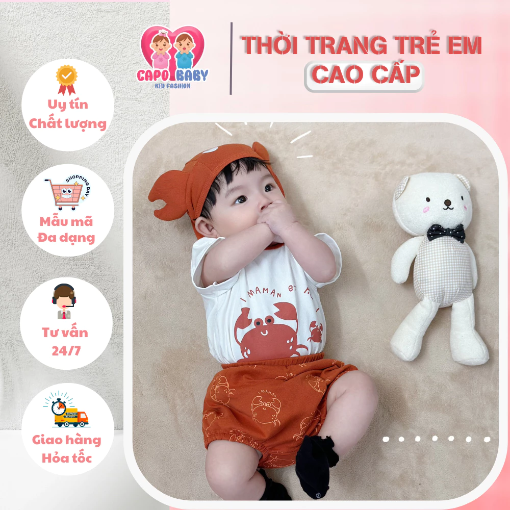 Bộ rip QCCC họa tiết in hinh con cua kèm mũ con cua cho bé sơ sinh 5-12kg  [SH3]