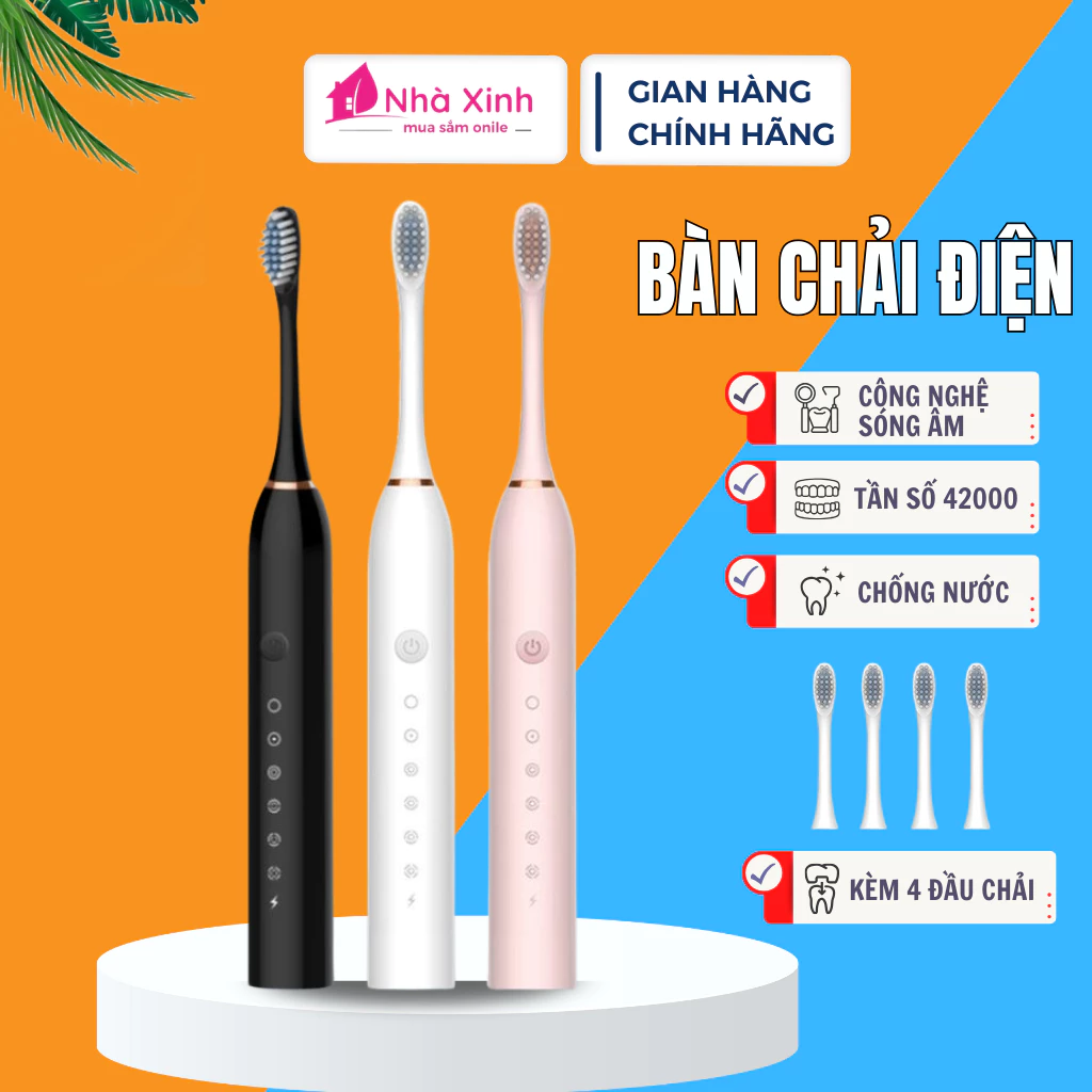 Bàn chải điện đánh răng chính hãng SONIC X3, công nghệ sóng âm kháng nước 6 chế độ, tặng 4 đầu bàn chải _SNX3