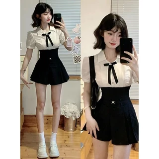 Set đồng phục nữ sinh preppy - Áo sơ mi trắng tay bồng ngắn kèm nơ- Quần váy corset kiểu thắt đai eo