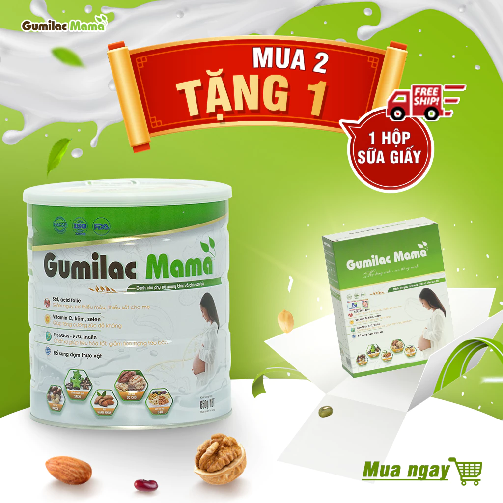 COMBO 2 LON 650g TẶNG 1 hộp ( 14 gói ) - Sữa hạt Gumilac Mama 100% đạm thực vật dành cho mẹ bầu