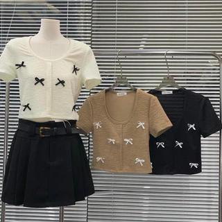 𝐋𝐘𝐂𝐇𝐄𝐍- Áo babytee đính nơ xinh xắn 3 màu ( Yona top)