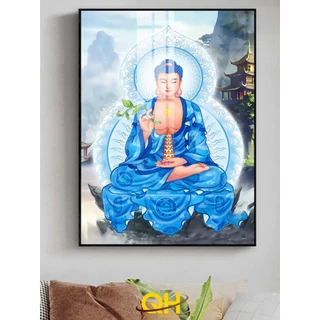 Tranh Đức Phật Dược Sư, tranh Phật Giáo, chất liệu gỗ in tráng gương bọc viền cao cấp 01
