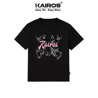Áo baby tee Kairos form ôm tay cộc local brand chất liệu 100% cotton mát co dãn hai chiều mẫu bướm xám logo hồng