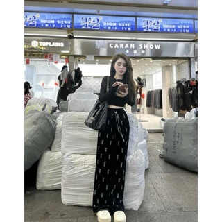 Set bộ thời trang nữ mặc đi chơi,Set KÈM HÌNH THẬT áo đen tay dài croptop logo phối quần ống suông chữ chất tăm lạnh