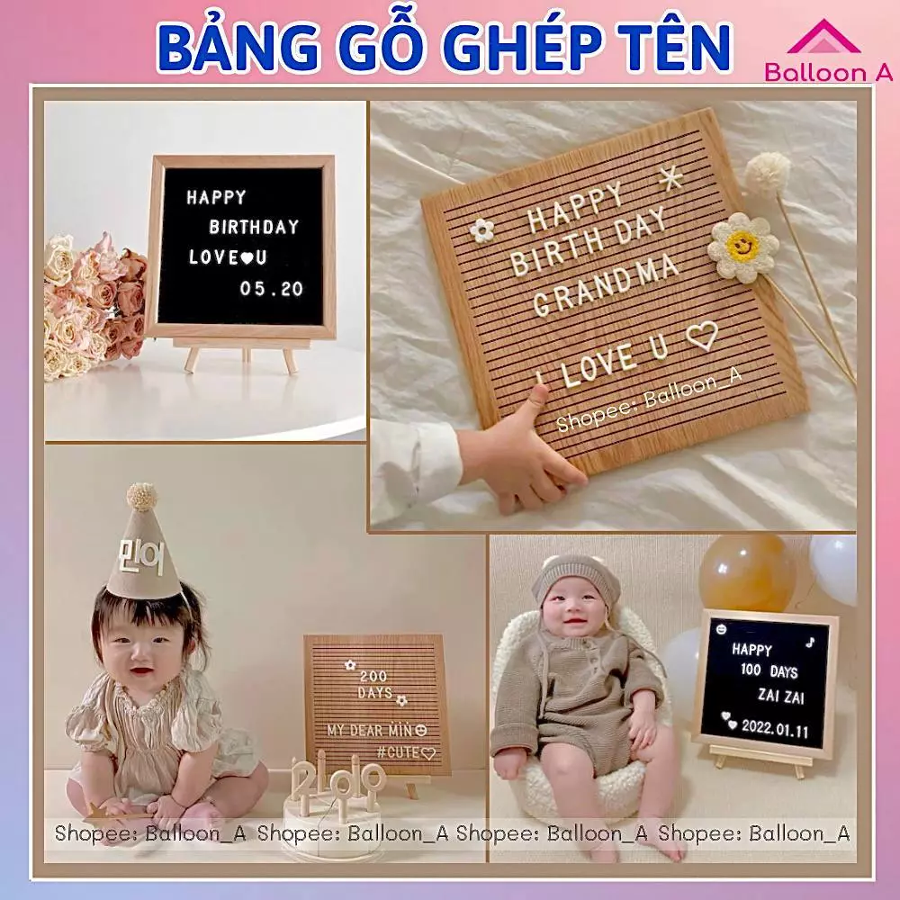Bảng Gỗ  Ghép Tên 25x25cm Trang Trí Sinh Nhật, Đám Cưới Phong Cách Hàn Quốc - BalloonA