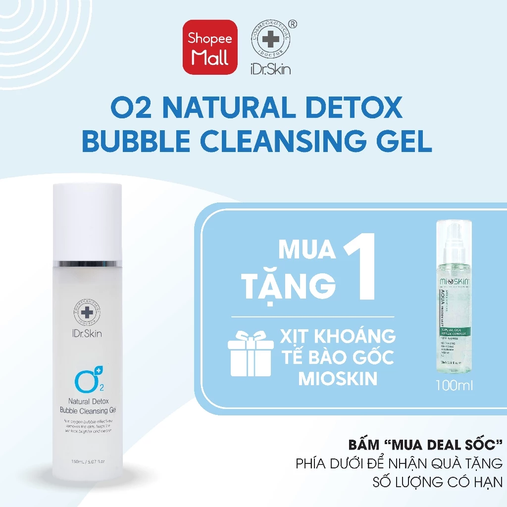 [iDr.Skin Chính Hãng] Sữa rửa mặt sáng da O2 Natural Detox Bubble Cleansing Gel iDr.Skin dưỡng ẩm bật tone da 120ml