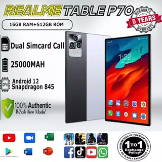 Máy tính bảng Realme p70 | 16GB + 512GB Hai SIM 4G LTE WiFi 2.4/5G | Android 12 Snapdragon 865 |15000mAh