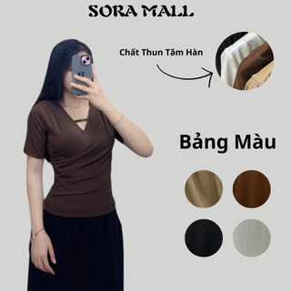 Áo Nữ Kiểu Bigsize Vạt Chéo Sora.Mall, Áo Kiểu Nữ Dài Tay Phối Dây Ngang Chất Liệu Thun Tăm 131