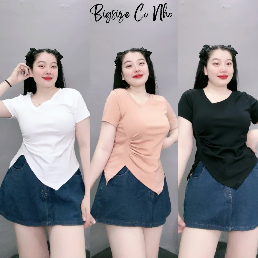 Áo thun tay ngắn bigsize nữ kiểu bo sườn tôn dáng cổ tim lệch chất liệu Borip Thái Chuppy 58-95kg A40