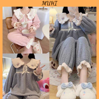 Bộ pyjama lông cừu cổ sen 2 mầu kiểu dáng hàn quốc , bộ đồ mặc nhà lông ấm áp -đồ ngủ kute dễ thương MUHI_STORE