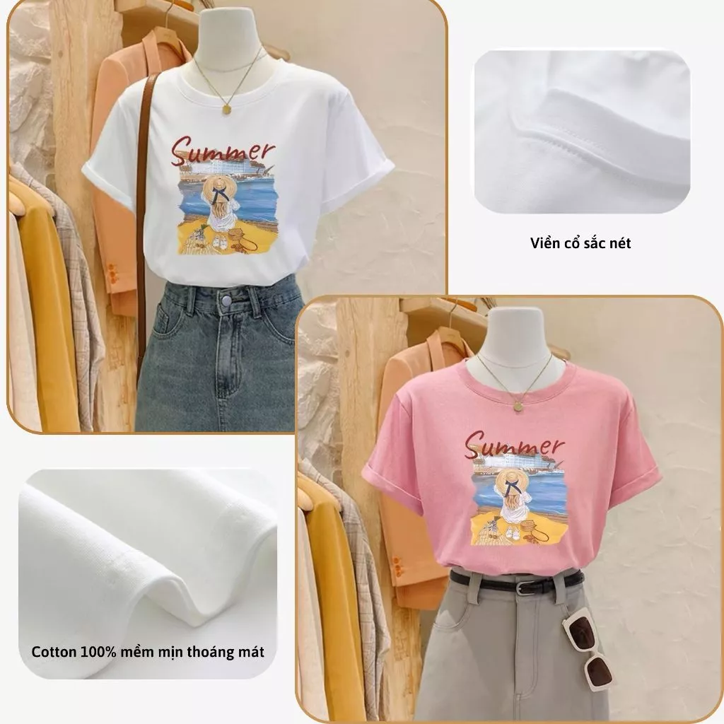 Áo Phông Nữ – Cotton Mềm Mát – Form Xinh – Mặc Đẹp, In Hình SUMMMER