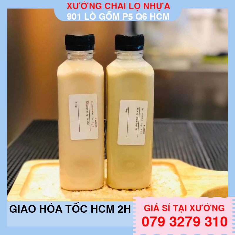 50 chai nhựa vuông 250ml nắp đen kèm tem thank u