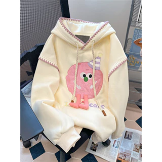 Áo hoodie nỉ nữ from rộng thêu kẹo hoạt hình dễ thương, áo nỉ nữ có mũ dày dặn dáng rộng basic trẻ trung 6918