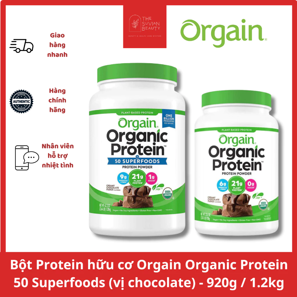 Bột Protein hữu cơ thuần chay Orgain Organic Protein 50 Superfoods (vị chocolate) - 920g / 1.2kg