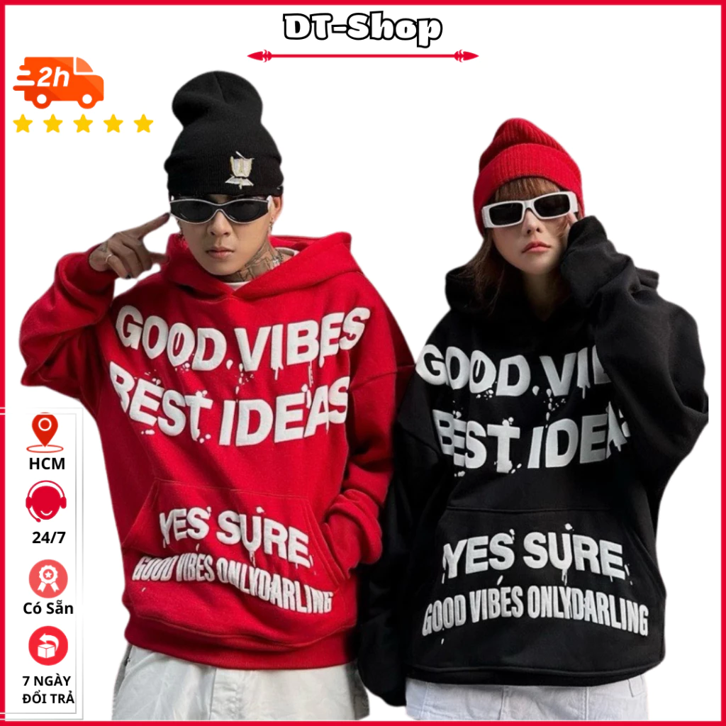 Áo khoác Hoodie Nam, Nữ Unisex Dài Tay local brand Nỉ From Rộng Basic In Chữ GOOD VIBES Nổi [MẪU MỚI 2024] - dt_shop