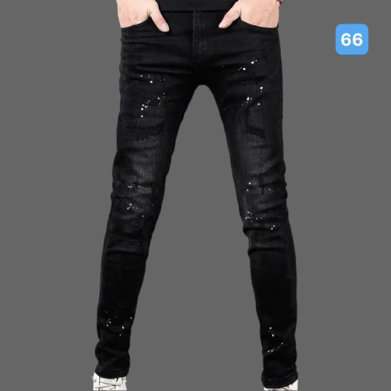 Quần rin nam màu den rách gối in hoạ tiết ơn OBOKFASHION ống suông phong cách hàn quốc co giãn cao cấp dễ phối đồ QDN66