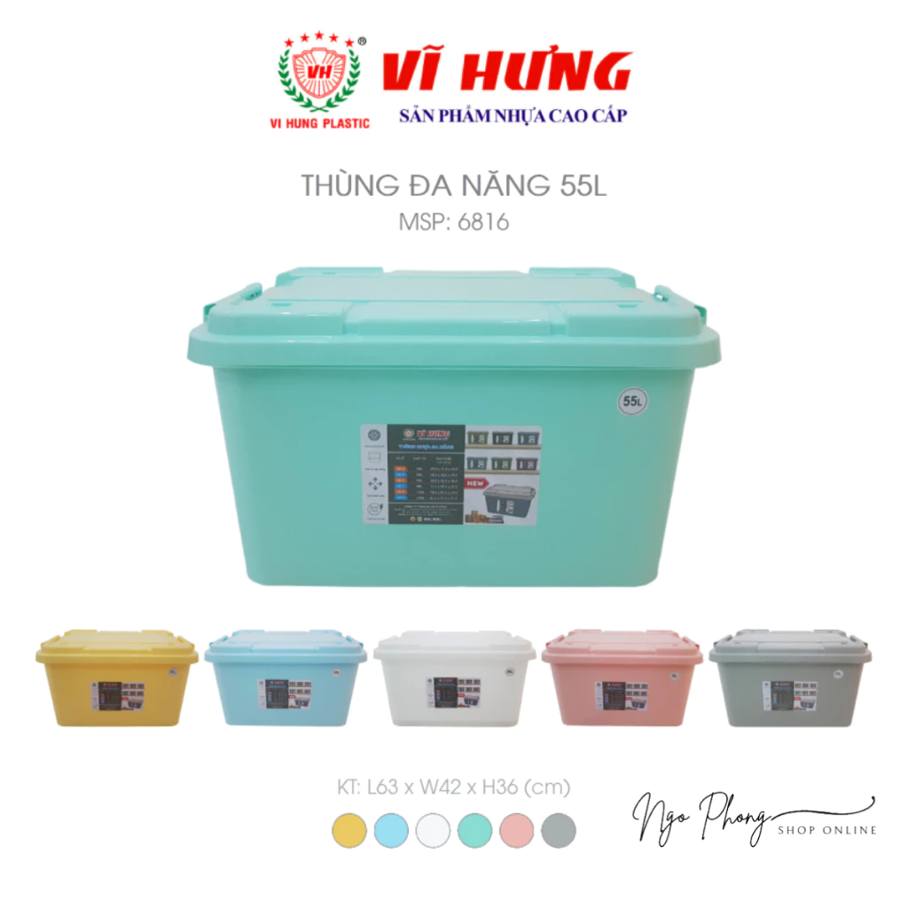 Thùng đa năng 55L Vĩ Hưng, Thùng đựng đồ đa năng, nhiều màu lựa chọn.