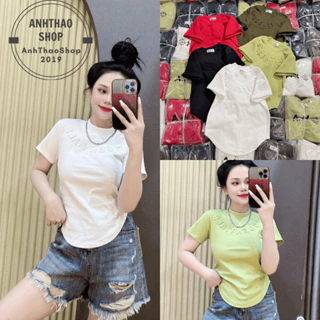 Áo thun nữ body dáng ôm dập nổi vạt bầu. Áo thun babytee tay ngắn cổ tròn. Áo phom ôm in nổi phồng babytee áo thun AH