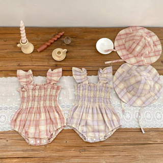 Set 2 Món Bodysuit+Mũ Bé Gái Mùa Hè YomyKids Dạng Áo 2 Dây Liền Quần Chất Thô Mềm Kẻ Sọc Phong Cách Hàn Quốc